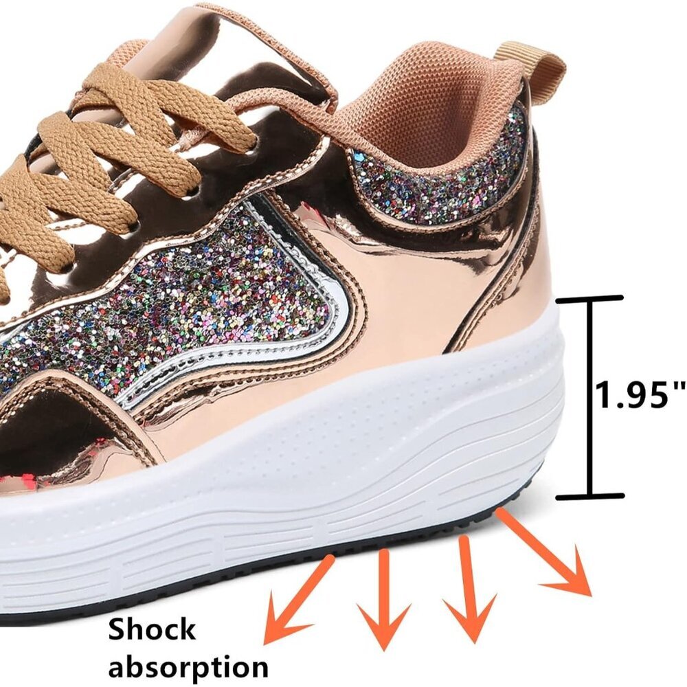 Women's Gold Breathable Mesh Comfort Lightweight Wedge Platform Sneakers - Picture 6 of 7